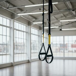 Sangles de suspension TRX jaunes et noires dans un entrepôt
